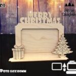 Laser Cut Wooden Merry Christmas Photo Frame With Engraved Tree And Gift Box Free Vector