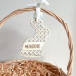 Laser Cut Rattan Bunny Name Tag Personalized Easter Basket Tag